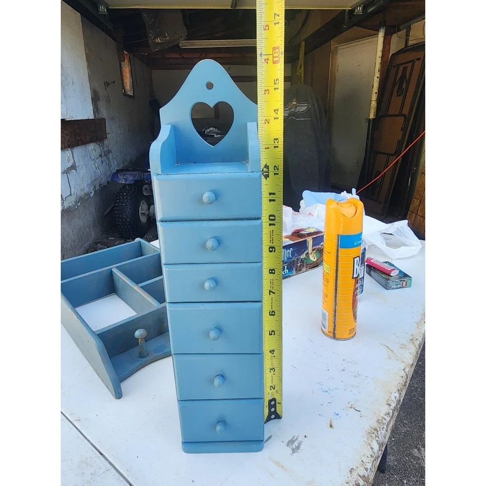Vintage Blue 6 Drawer Wooden Heart Spice Cabinet What Not Shelf,  Heart Cutout,